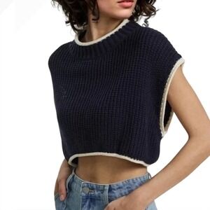 ZARA Navy Blue Cropped Knit Sweater Vest Open Back Tie Contrast Trim Women M
